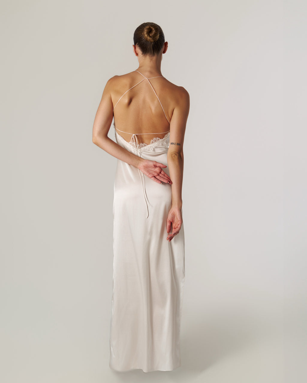 SILK-SATIN MAXI DRESS WITH CHANTILLY LACE