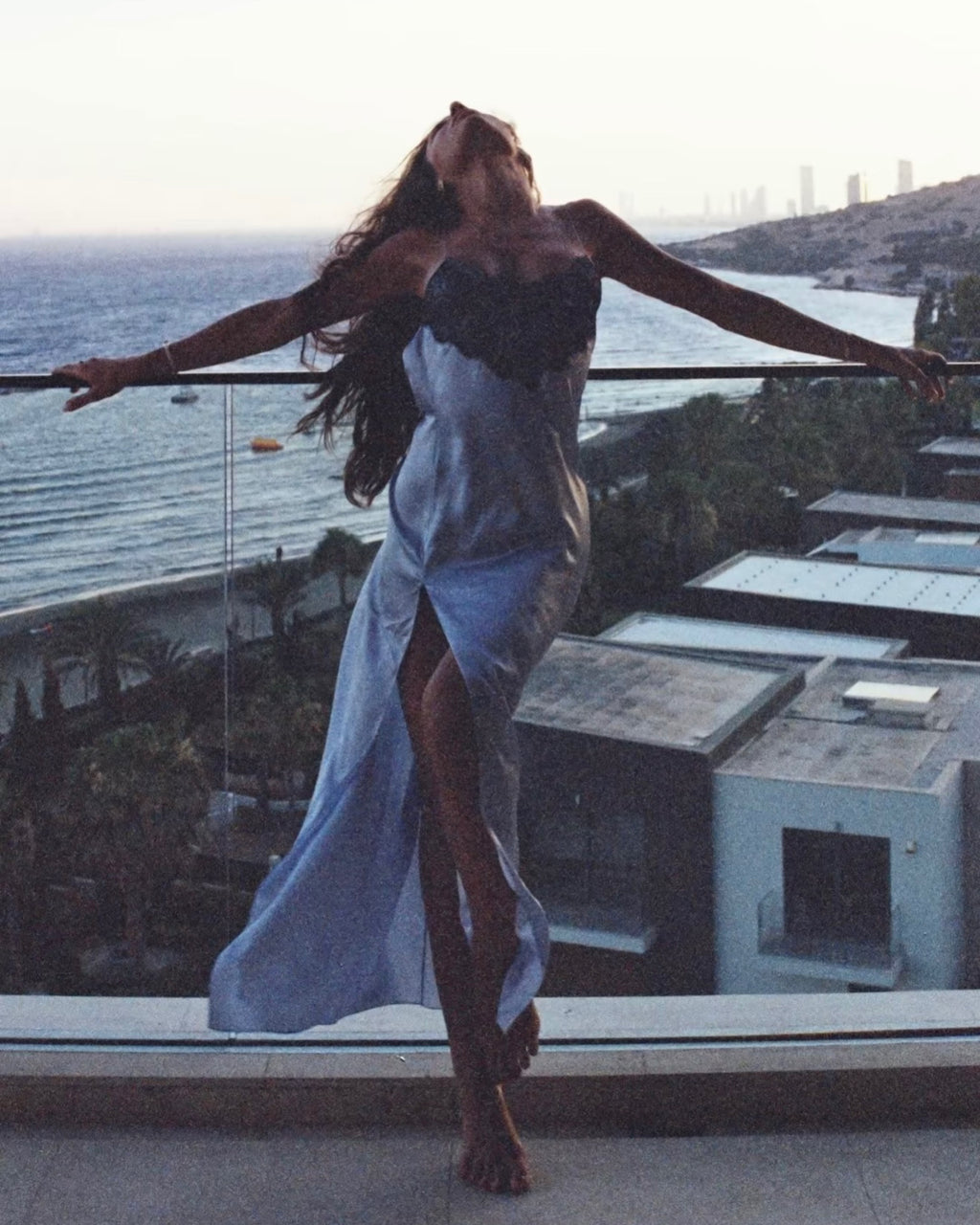 SILK MAXI DRESS ICE BLUE - BACKLESS EVENING DRESS WITH CHANTILLY LACE (PRE-ORDER)
