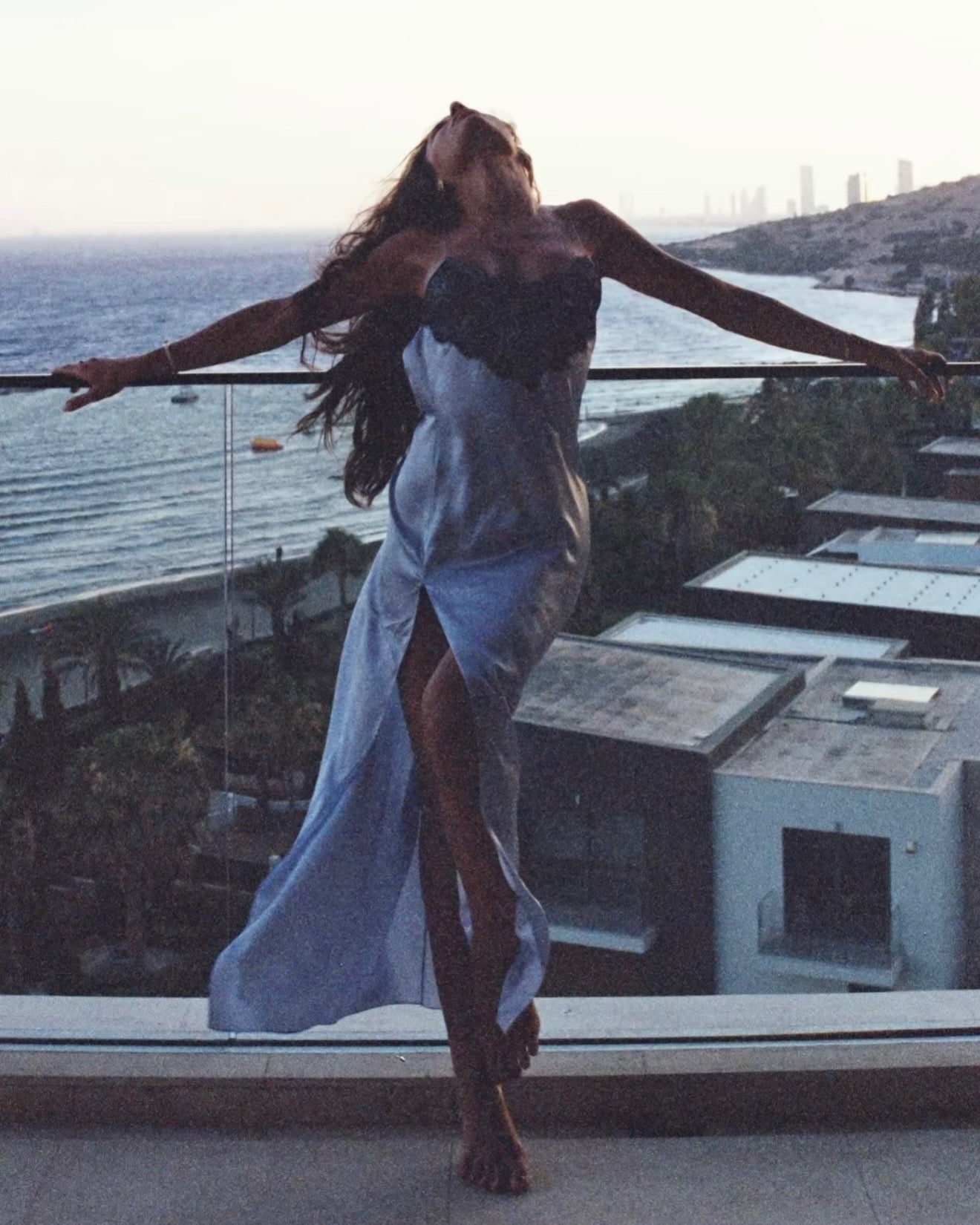 SILK MAXI DRESS ICE BLUE - BACKLESS EVENING DRESS WITH CHANTILLY LACE (PRE-ORDER)