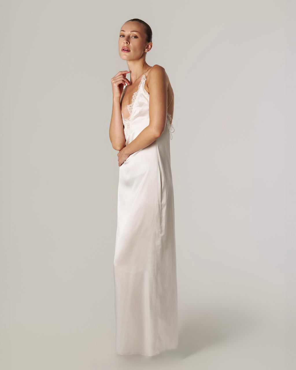 SILK-SATIN MAXI DRESS WITH CHANTILLY LACE