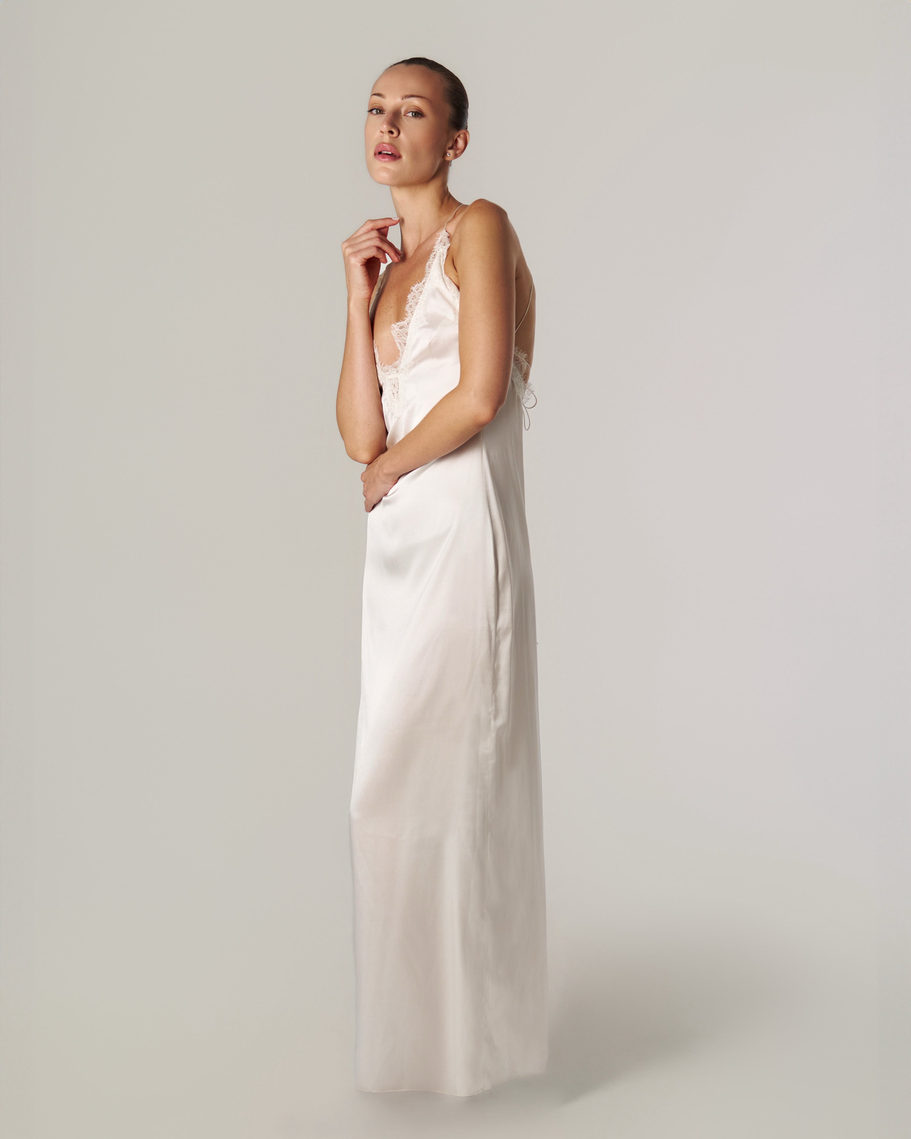 SILK-SATIN MAXI DRESS WITH CHANTILLY LACE