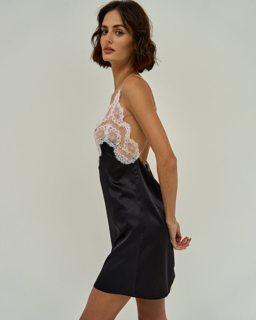 AGNI SILK-SATIN MINI DRESS WITH CHANTILLY LACE (PRE-ORDER)