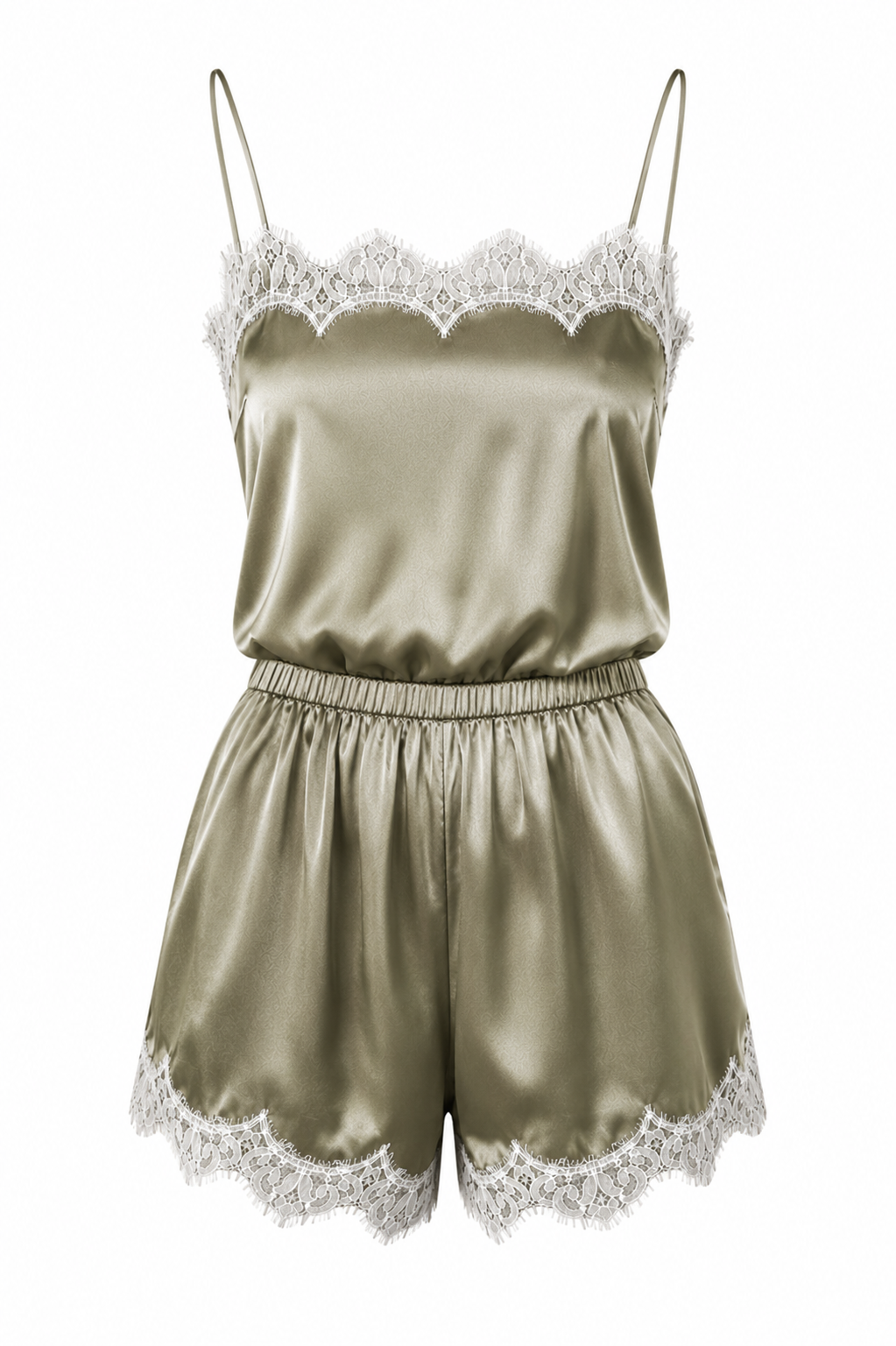 PYJAMA STYLE SILK SUIT OLIVE (TOP, SHORTS)