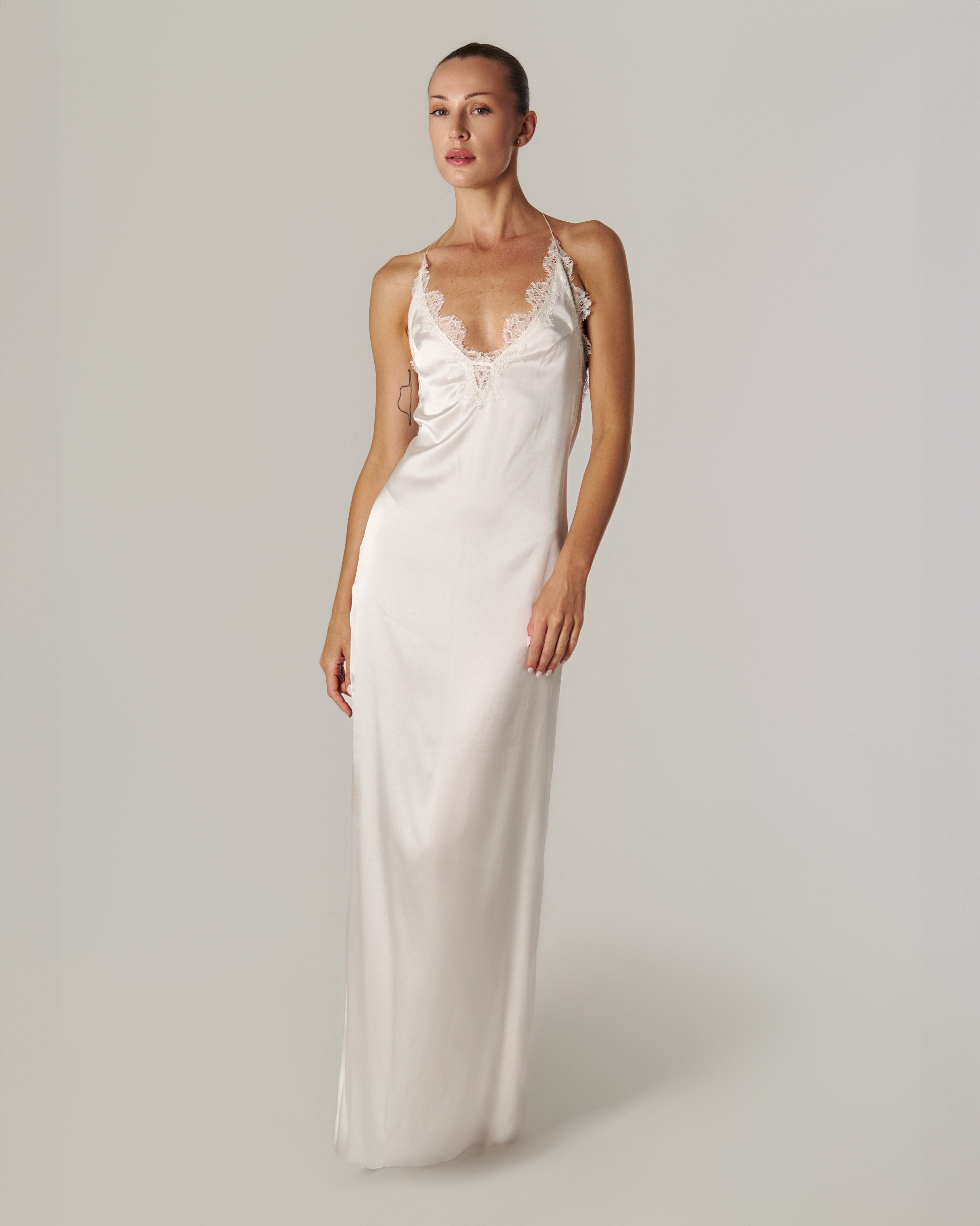 SILK-SATIN MAXI DRESS WITH CHANTILLY LACE
