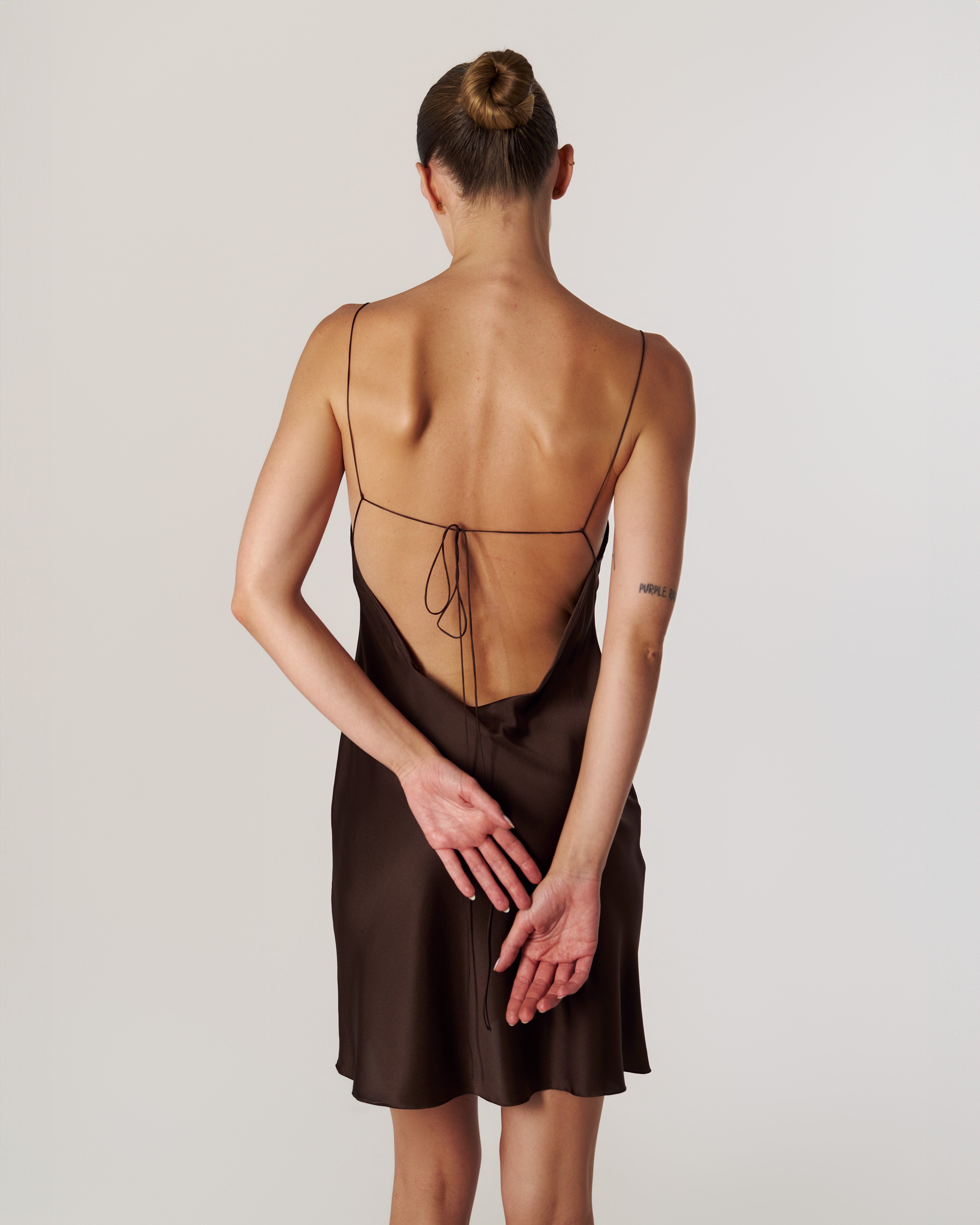 NAOMI SILK-SATIN MINI DRESS CHOCOLATE