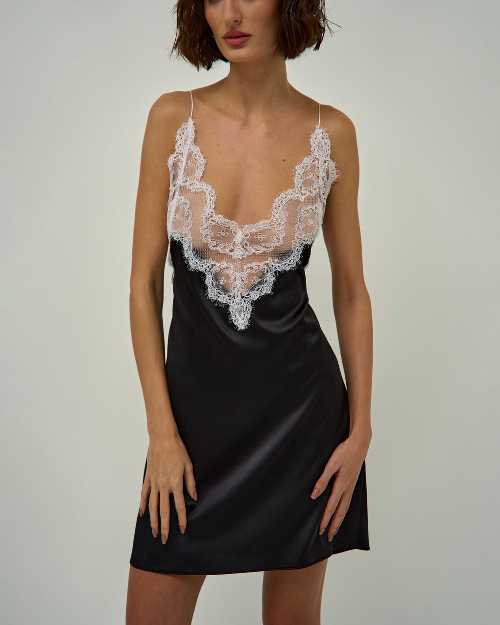 AGNI SILK-SATIN MINI DRESS WITH CHANTILLY LACE (PRE-ORDER)