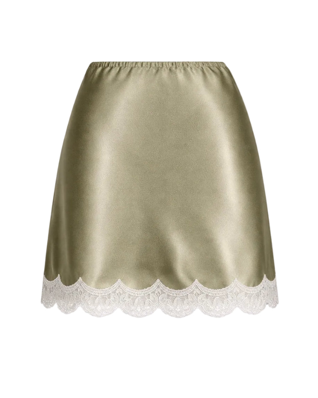 OLIVE MINI SILK SKIRT WITH CHANTILLY LACE
