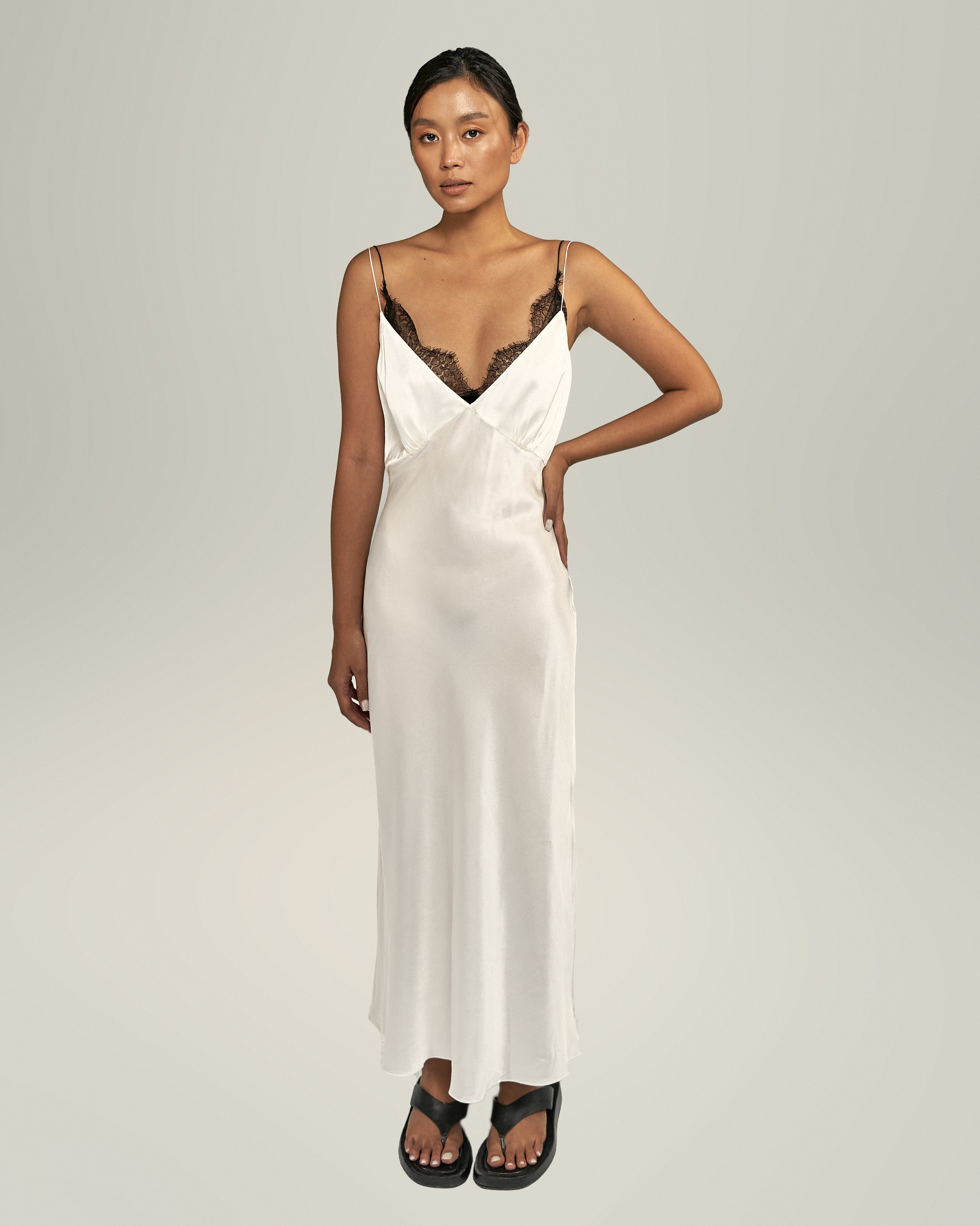 GRACE SILK-SATIN MIDI DRESS, LACE BRA