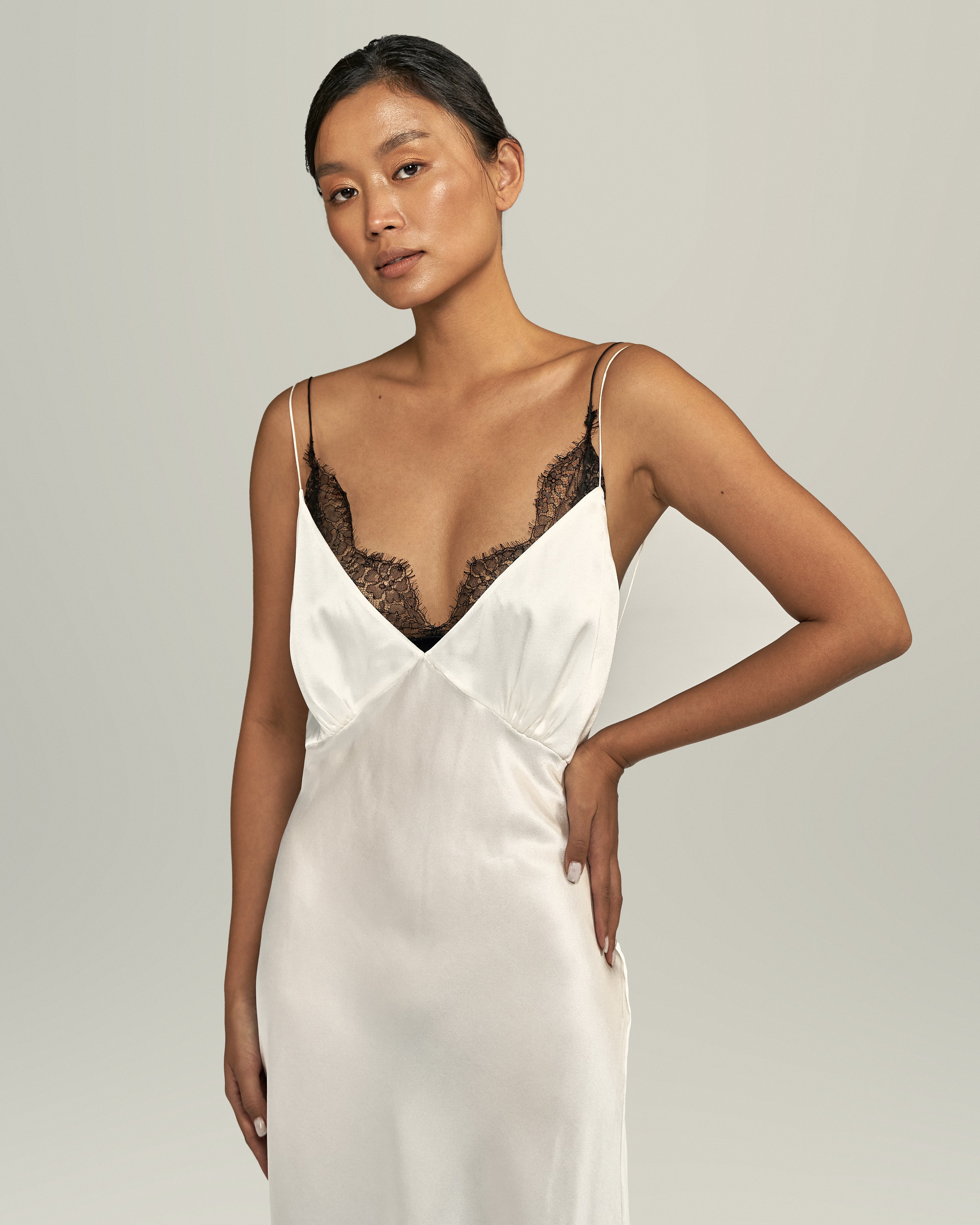 GRACE SILK-SATIN MIDI DRESS, LACE BRA