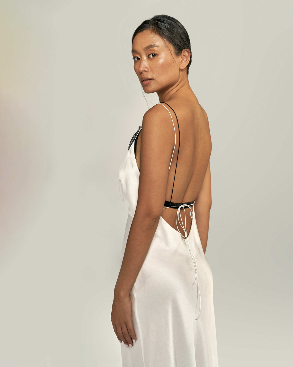 GRACE SILK-SATIN MIDI DRESS, LACE BRA